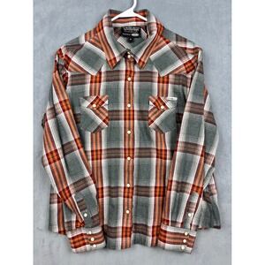 Powder River Outfitters Panhandle Mens XL Plaid Western Snap Shirt Grey Orange